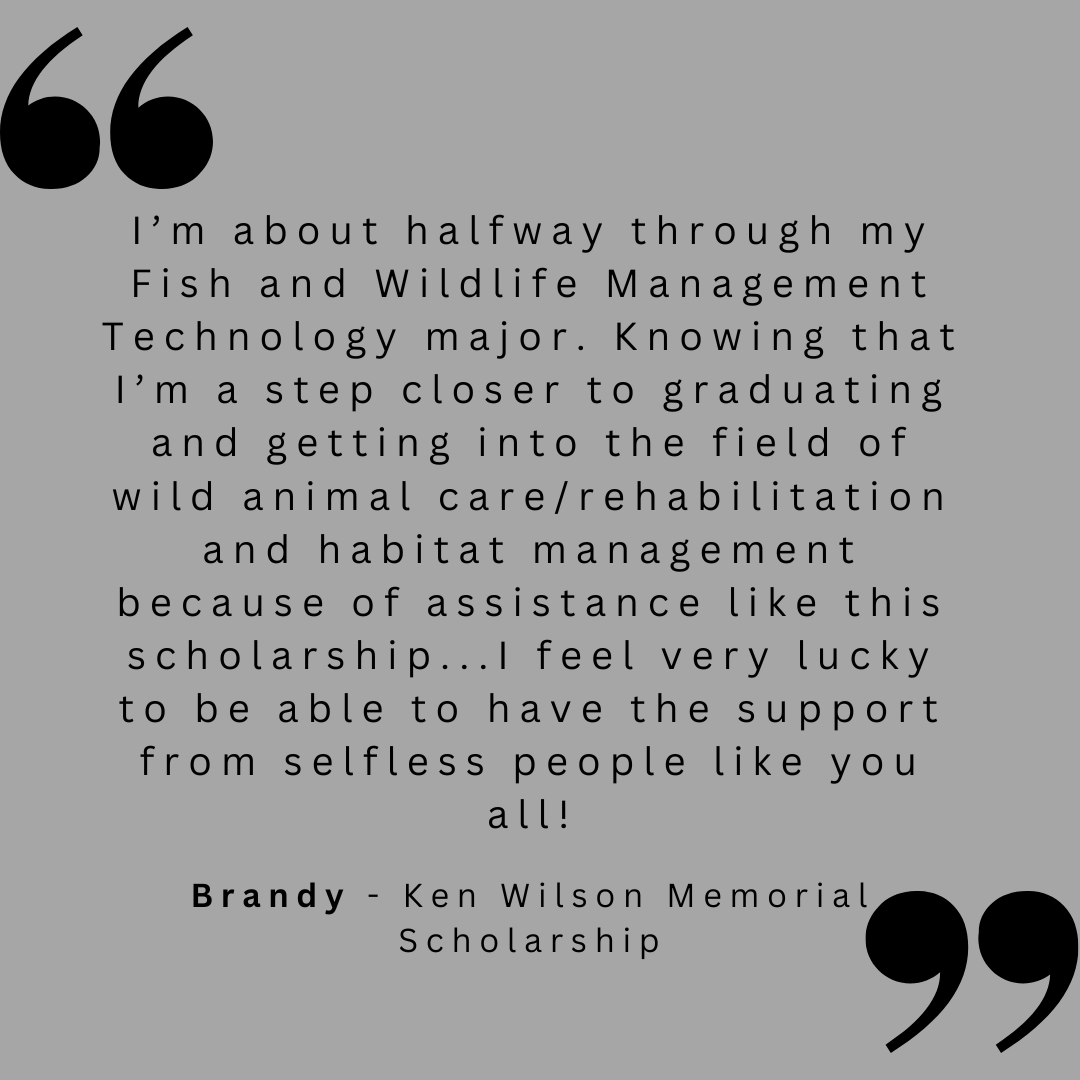 I'm about halfway through my Fish and Wildlife Management Technology major. Knowing that I'm a step closer to graduating and getting into the field of wild animal care/rehabilitation and habitat management because of assistance like this scholarship...I feel very lucky to be able to have the support from selfless people like you all! 
Brandy - Ken Wilson Memorial Scholarship